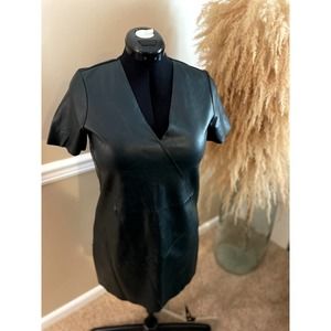 Zara Faux Leather Black Blue Green Shift V Neck Mini Dress Size M